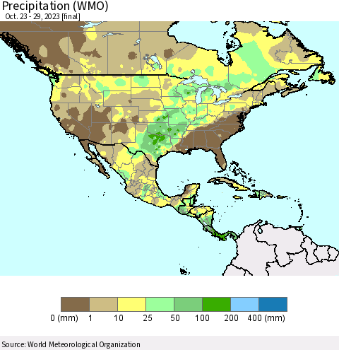 North America Precipitation (WMO) Thematic Map For 10/23/2023 - 10/29/2023