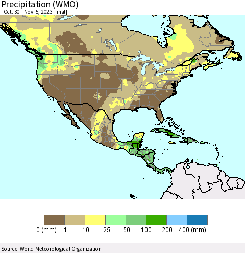 North America Precipitation (WMO) Thematic Map For 10/30/2023 - 11/5/2023