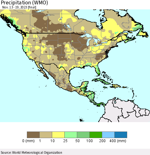 North America Precipitation (WMO) Thematic Map For 11/13/2023 - 11/19/2023