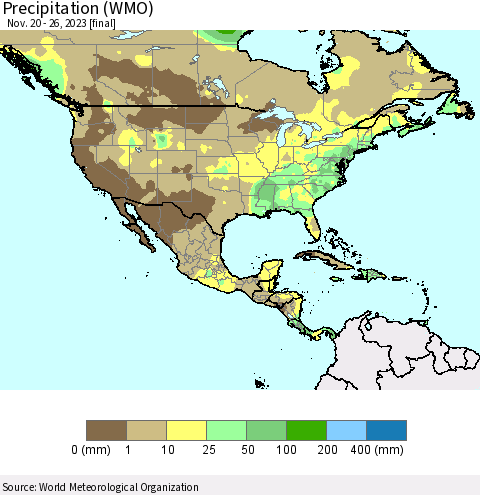 North America Precipitation (WMO) Thematic Map For 11/20/2023 - 11/26/2023