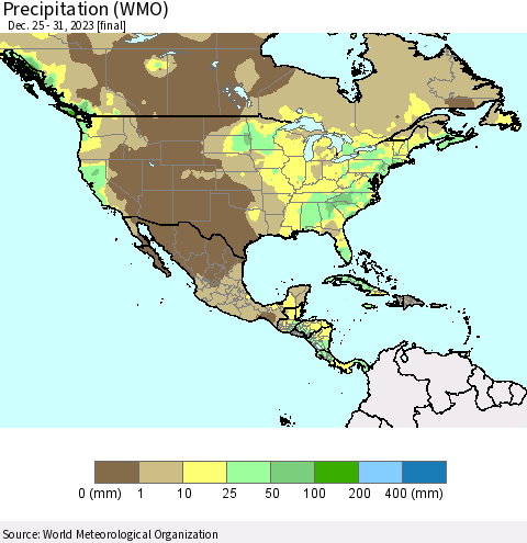 North America Precipitation (WMO) Thematic Map For 12/25/2023 - 12/31/2023