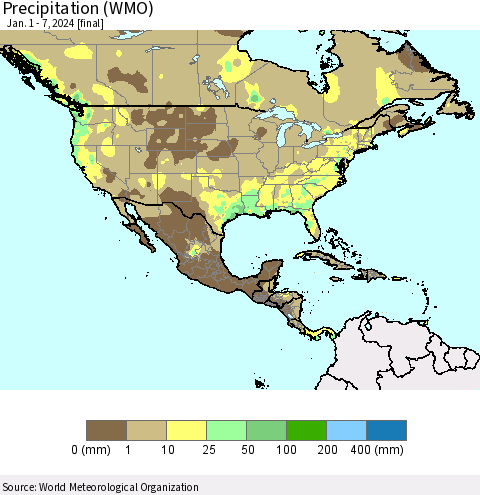 North America Precipitation (WMO) Thematic Map For 1/1/2024 - 1/7/2024