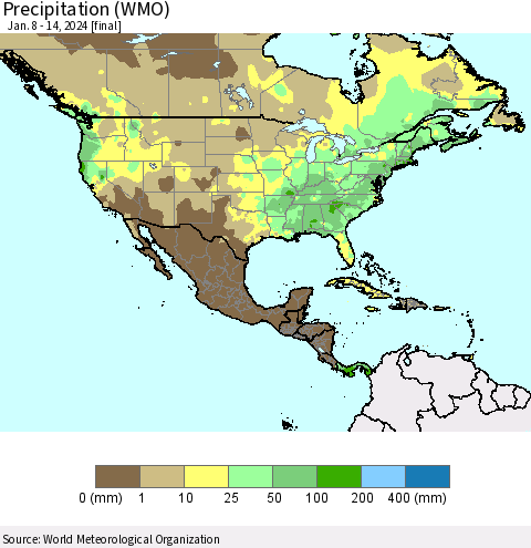 North America Precipitation (WMO) Thematic Map For 1/8/2024 - 1/14/2024