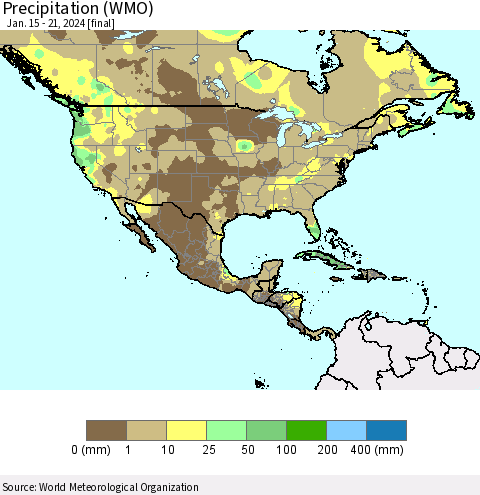 North America Precipitation (WMO) Thematic Map For 1/15/2024 - 1/21/2024