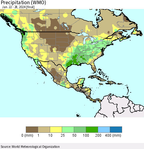North America Precipitation (WMO) Thematic Map For 1/22/2024 - 1/28/2024