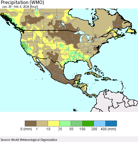 North America Precipitation (WMO) Thematic Map For 1/29/2024 - 2/4/2024