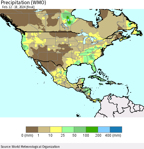 North America Precipitation (WMO) Thematic Map For 2/12/2024 - 2/18/2024