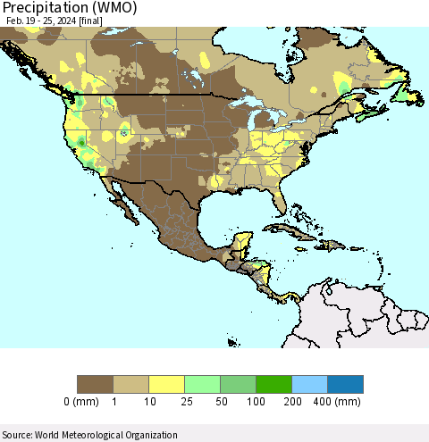 North America Precipitation (WMO) Thematic Map For 2/19/2024 - 2/25/2024