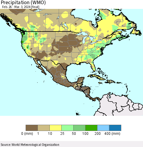 North America Precipitation (WMO) Thematic Map For 2/26/2024 - 3/3/2024