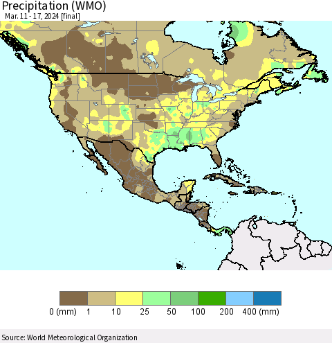 North America Precipitation (WMO) Thematic Map For 3/11/2024 - 3/17/2024