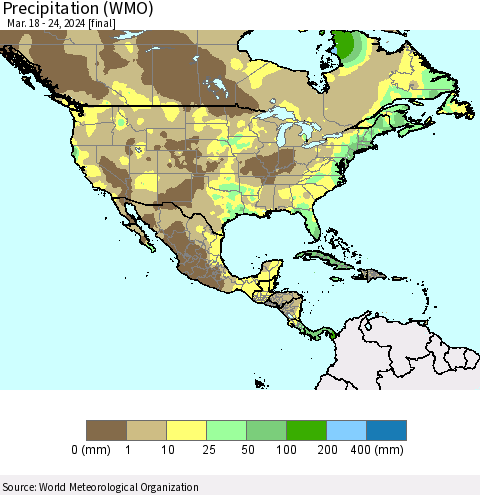 North America Precipitation (WMO) Thematic Map For 3/18/2024 - 3/24/2024