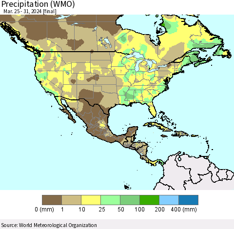 North America Precipitation (WMO) Thematic Map For 3/25/2024 - 3/31/2024