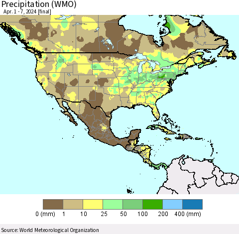 North America Precipitation (WMO) Thematic Map For 4/1/2024 - 4/7/2024