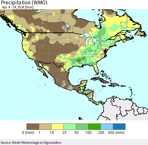 North America Precipitation (WMO) Thematic Map For 4/8/2024 - 4/14/2024