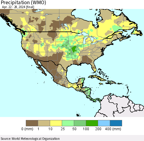 North America Precipitation (WMO) Thematic Map For 4/22/2024 - 4/28/2024