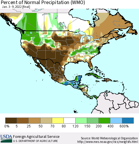 North America Percent of Normal Precipitation (WMO) Thematic Map For 1/3/2022 - 1/9/2022