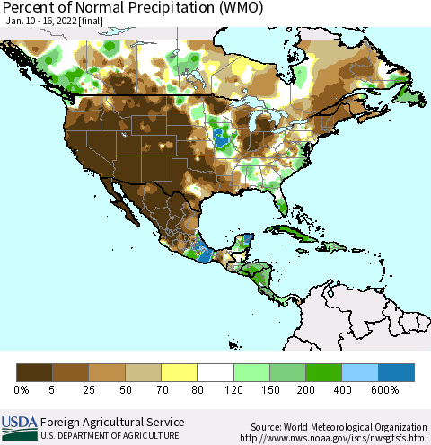 North America Percent of Normal Precipitation (WMO) Thematic Map For 1/10/2022 - 1/16/2022
