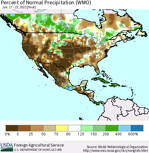 North America Percent of Normal Precipitation (WMO) Thematic Map For 1/17/2022 - 1/23/2022