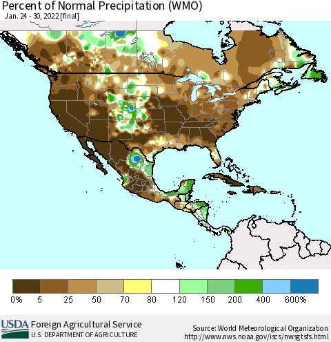 North America Percent of Normal Precipitation (WMO) Thematic Map For 1/24/2022 - 1/30/2022