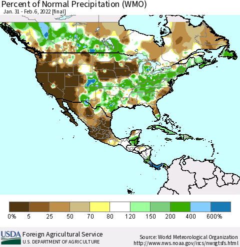 North America Percent of Normal Precipitation (WMO) Thematic Map For 1/31/2022 - 2/6/2022