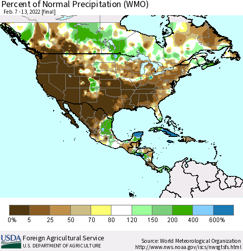 North America Percent of Normal Precipitation (WMO) Thematic Map For 2/7/2022 - 2/13/2022
