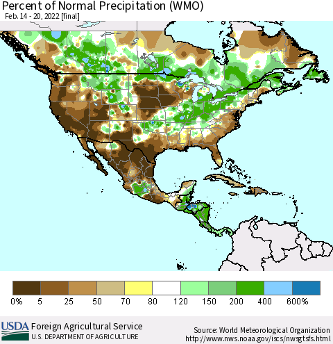 North America Percent of Normal Precipitation (WMO) Thematic Map For 2/14/2022 - 2/20/2022