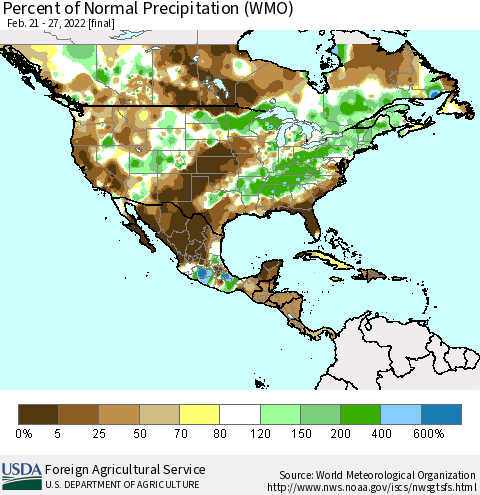 North America Percent of Normal Precipitation (WMO) Thematic Map For 2/21/2022 - 2/27/2022