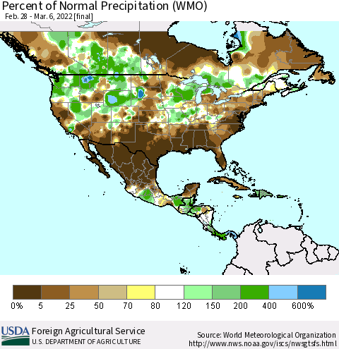 North America Percent of Normal Precipitation (WMO) Thematic Map For 2/28/2022 - 3/6/2022