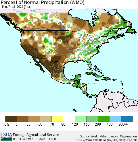 North America Percent of Normal Precipitation (WMO) Thematic Map For 3/7/2022 - 3/13/2022