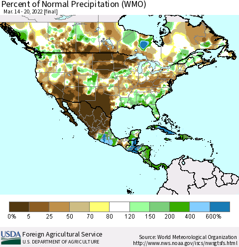 North America Percent of Normal Precipitation (WMO) Thematic Map For 3/14/2022 - 3/20/2022
