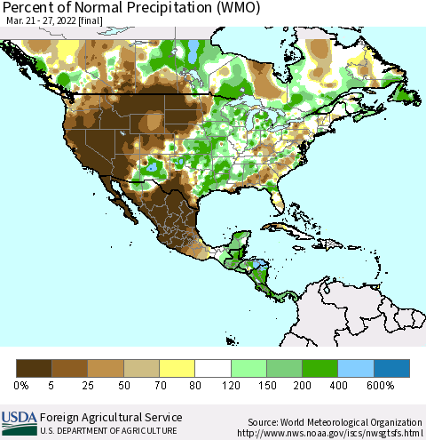 North America Percent of Normal Precipitation (WMO) Thematic Map For 3/21/2022 - 3/27/2022