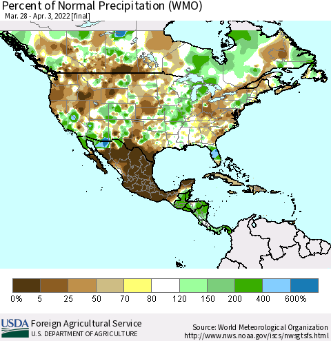 North America Percent of Normal Precipitation (WMO) Thematic Map For 3/28/2022 - 4/3/2022