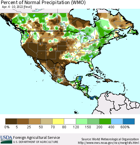 North America Percent of Normal Precipitation (WMO) Thematic Map For 4/4/2022 - 4/10/2022