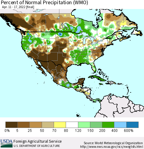 North America Percent of Normal Precipitation (WMO) Thematic Map For 4/11/2022 - 4/17/2022