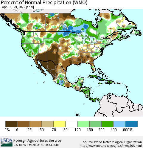 North America Percent of Normal Precipitation (WMO) Thematic Map For 4/18/2022 - 4/24/2022