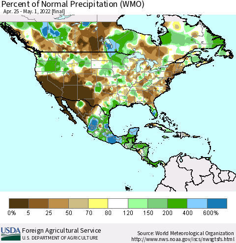 North America Percent of Normal Precipitation (WMO) Thematic Map For 4/25/2022 - 5/1/2022