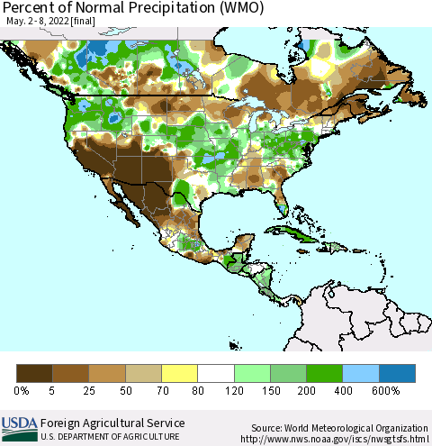 North America Percent of Normal Precipitation (WMO) Thematic Map For 5/2/2022 - 5/8/2022