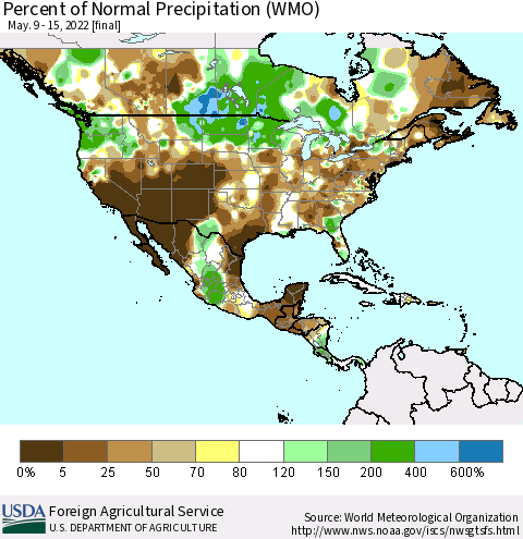 North America Percent of Normal Precipitation (WMO) Thematic Map For 5/9/2022 - 5/15/2022