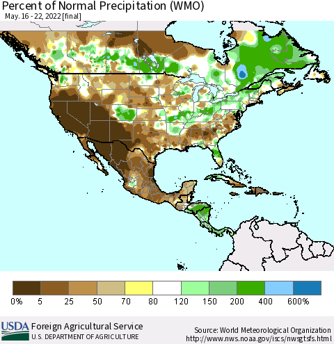 North America Percent of Normal Precipitation (WMO) Thematic Map For 5/16/2022 - 5/22/2022
