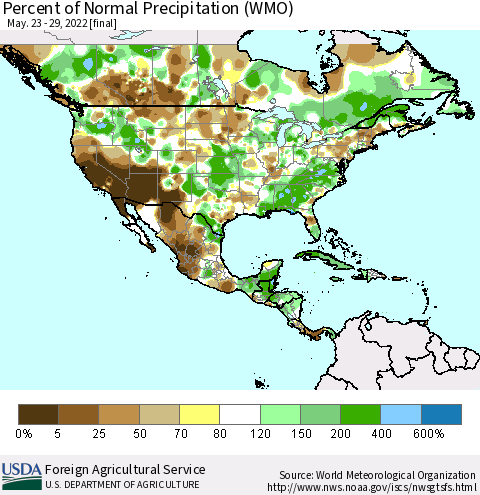 North America Percent of Normal Precipitation (WMO) Thematic Map For 5/23/2022 - 5/29/2022