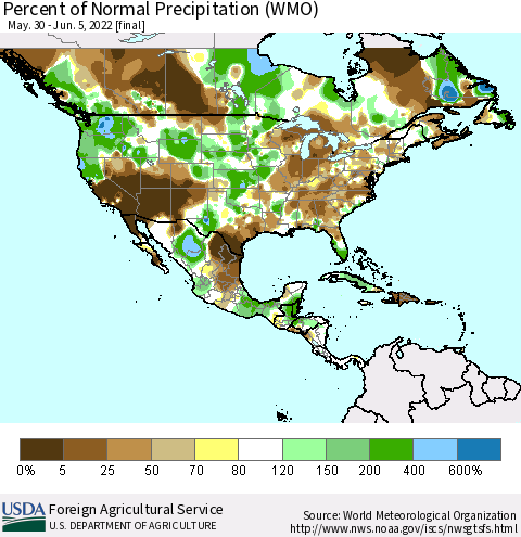 North America Percent of Normal Precipitation (WMO) Thematic Map For 5/30/2022 - 6/5/2022