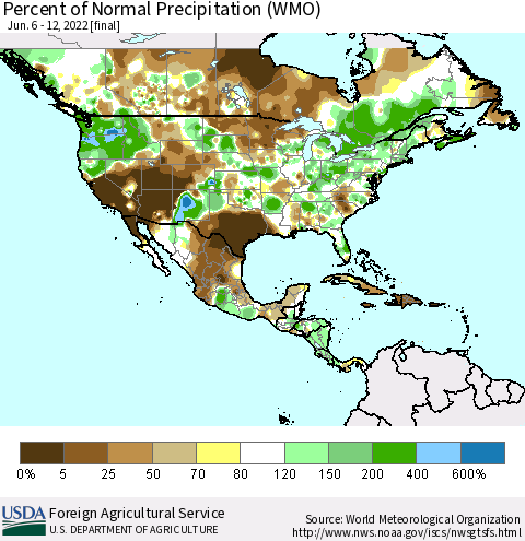 North America Percent of Normal Precipitation (WMO) Thematic Map For 6/6/2022 - 6/12/2022