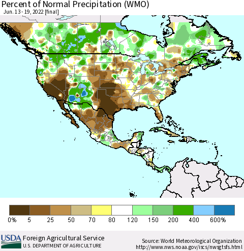 North America Percent of Normal Precipitation (WMO) Thematic Map For 6/13/2022 - 6/19/2022