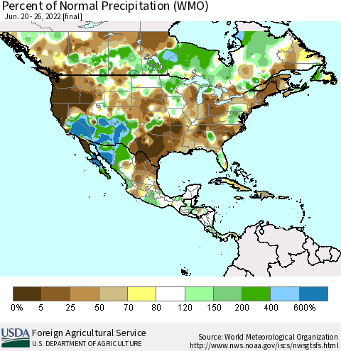 North America Percent of Normal Precipitation (WMO) Thematic Map For 6/20/2022 - 6/26/2022