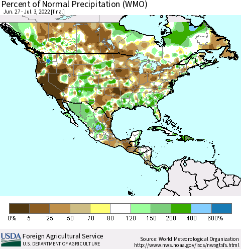 North America Percent of Normal Precipitation (WMO) Thematic Map For 6/27/2022 - 7/3/2022