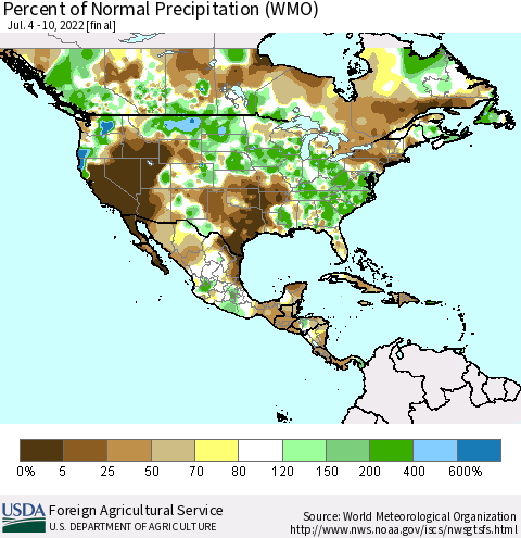 North America Percent of Normal Precipitation (WMO) Thematic Map For 7/4/2022 - 7/10/2022