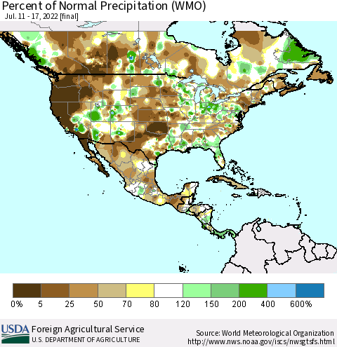 North America Percent of Normal Precipitation (WMO) Thematic Map For 7/11/2022 - 7/17/2022