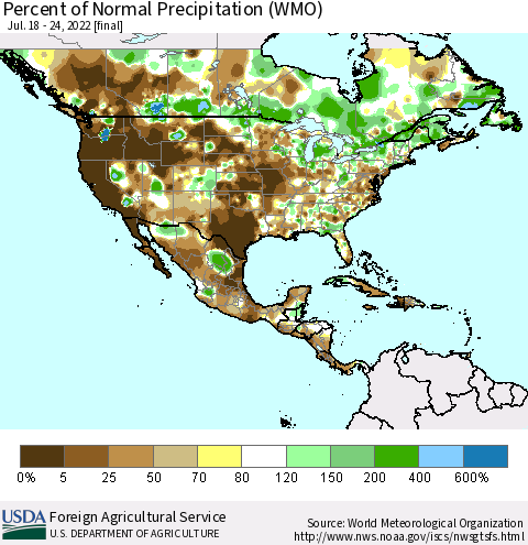 North America Percent of Normal Precipitation (WMO) Thematic Map For 7/18/2022 - 7/24/2022