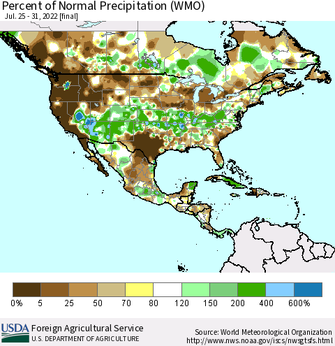 North America Percent of Normal Precipitation (WMO) Thematic Map For 7/25/2022 - 7/31/2022
