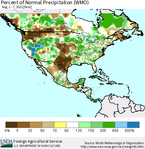North America Percent of Normal Precipitation (WMO) Thematic Map For 8/1/2022 - 8/7/2022